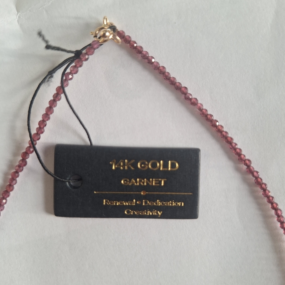 Elegant Real Garnet Beaded Necklace with Real 14k YellowGold Accents-dainty. 16" - Picture 2 of 9